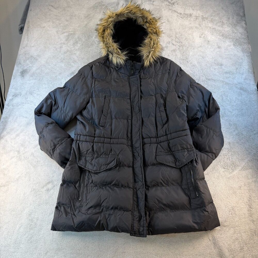Andrew Marc NY Puffer Coat Women XL Faux Fur Hood Nylon Black